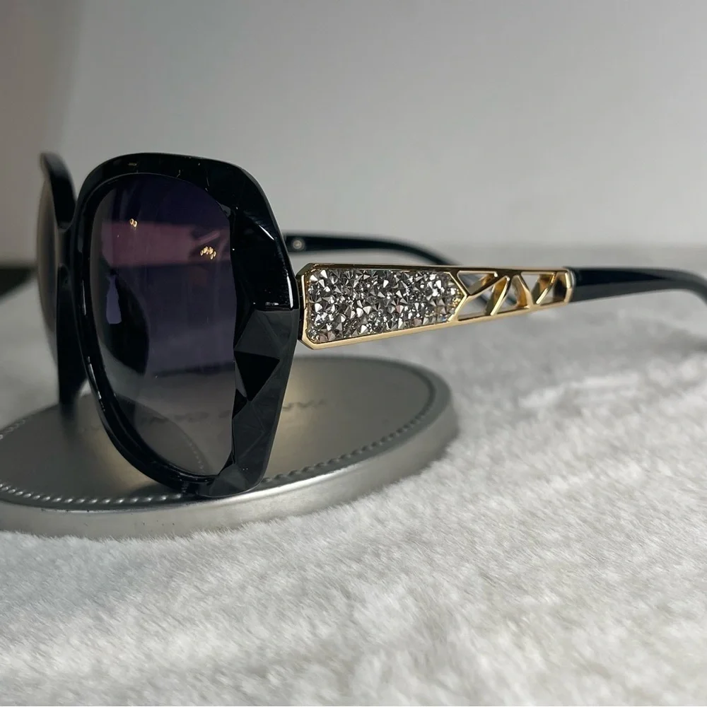 Black & Gold Oversized Square Sunglasses Polarized Tinted w Crystal Frames Nwt